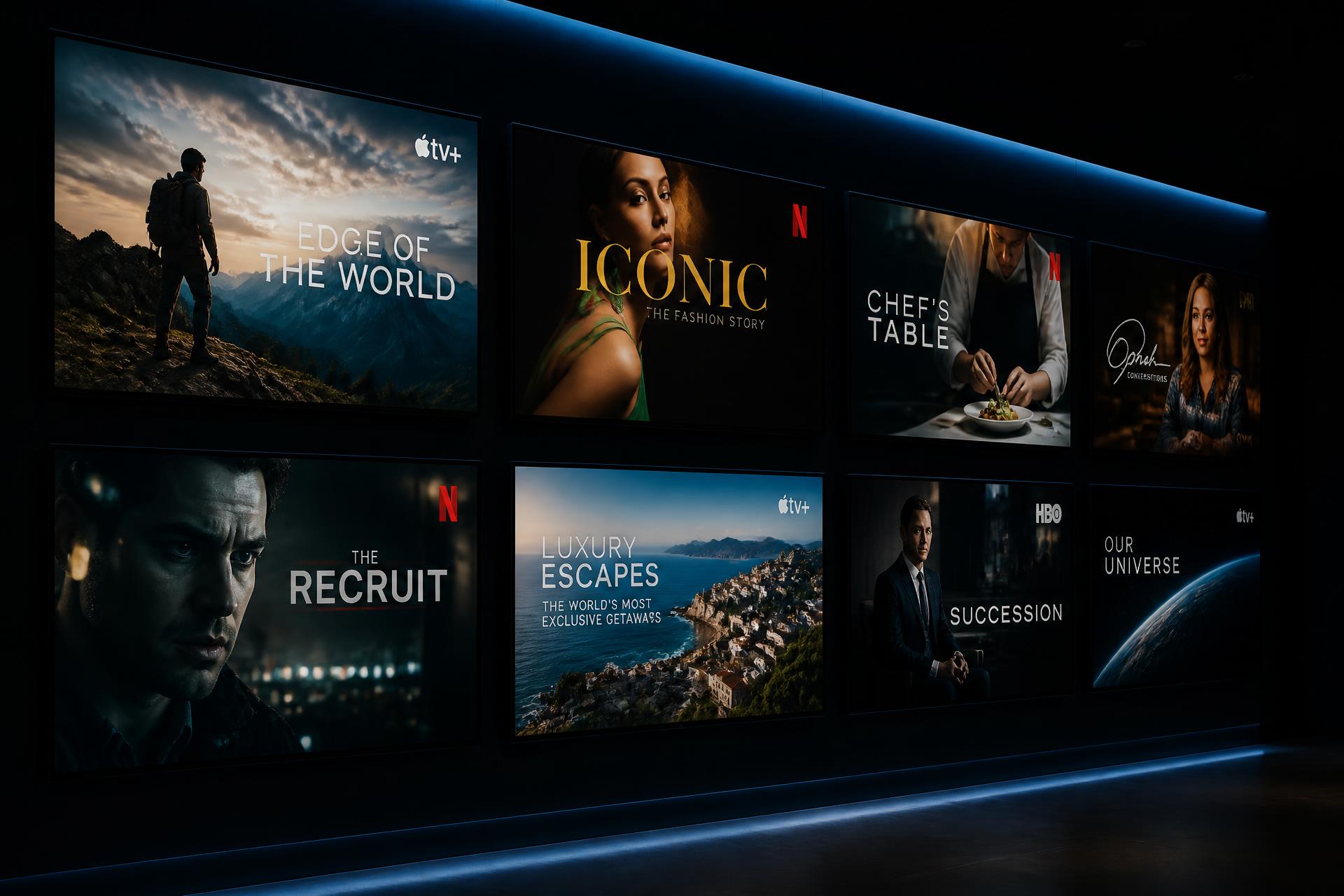 A wall of connected televisions displaying premium original streaming shows
